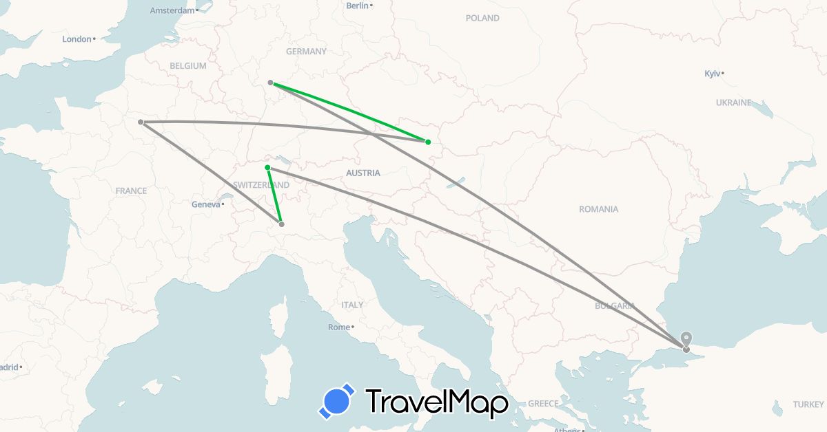 TravelMap itinerary: driving, bus, plane in Austria, Switzerland, Germany, France, Italy, Turkey (Asia, Europe)